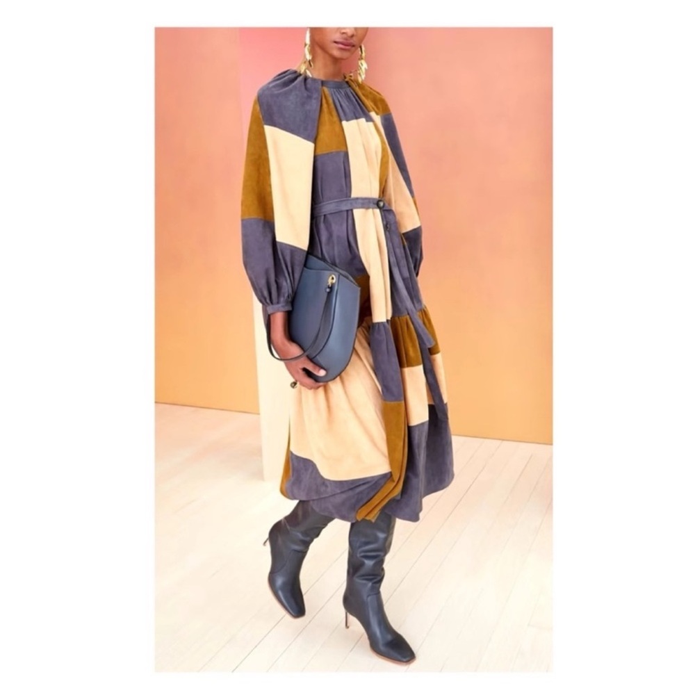 New! Rare ULLA JOHNSON Bernadine Patchwork Lambskin Suede Leather Midi Dress - Picture 3 of 12
